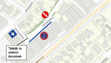 Kaart waarin aan staat gegeven dat de bevoorrading van de winkels in Centrumwaard verloopt via de Van Loonstraat.