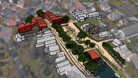 Tekening van de herinrichting van het Havenplein, met daarop aangegeven waar het groen is, en waar bebouwing komt.